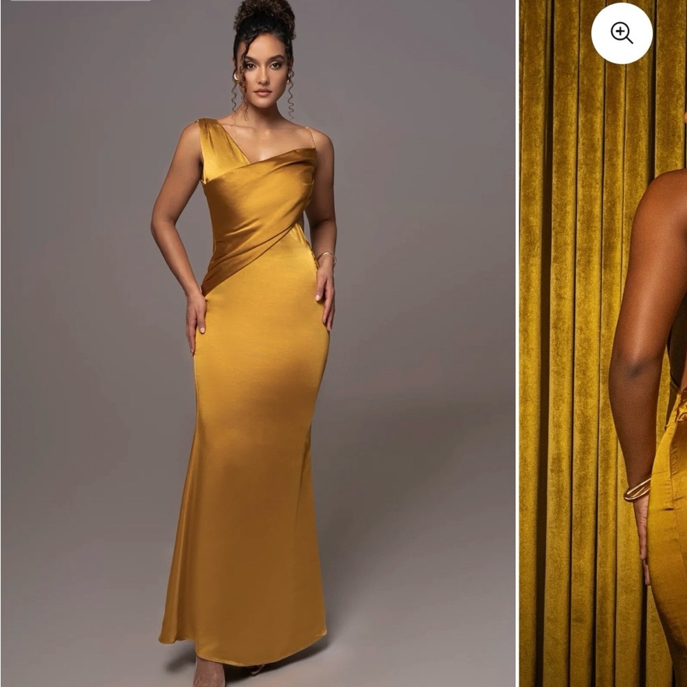 JLUXLABEL Mustard One-Shoulder Satin Evening Gown